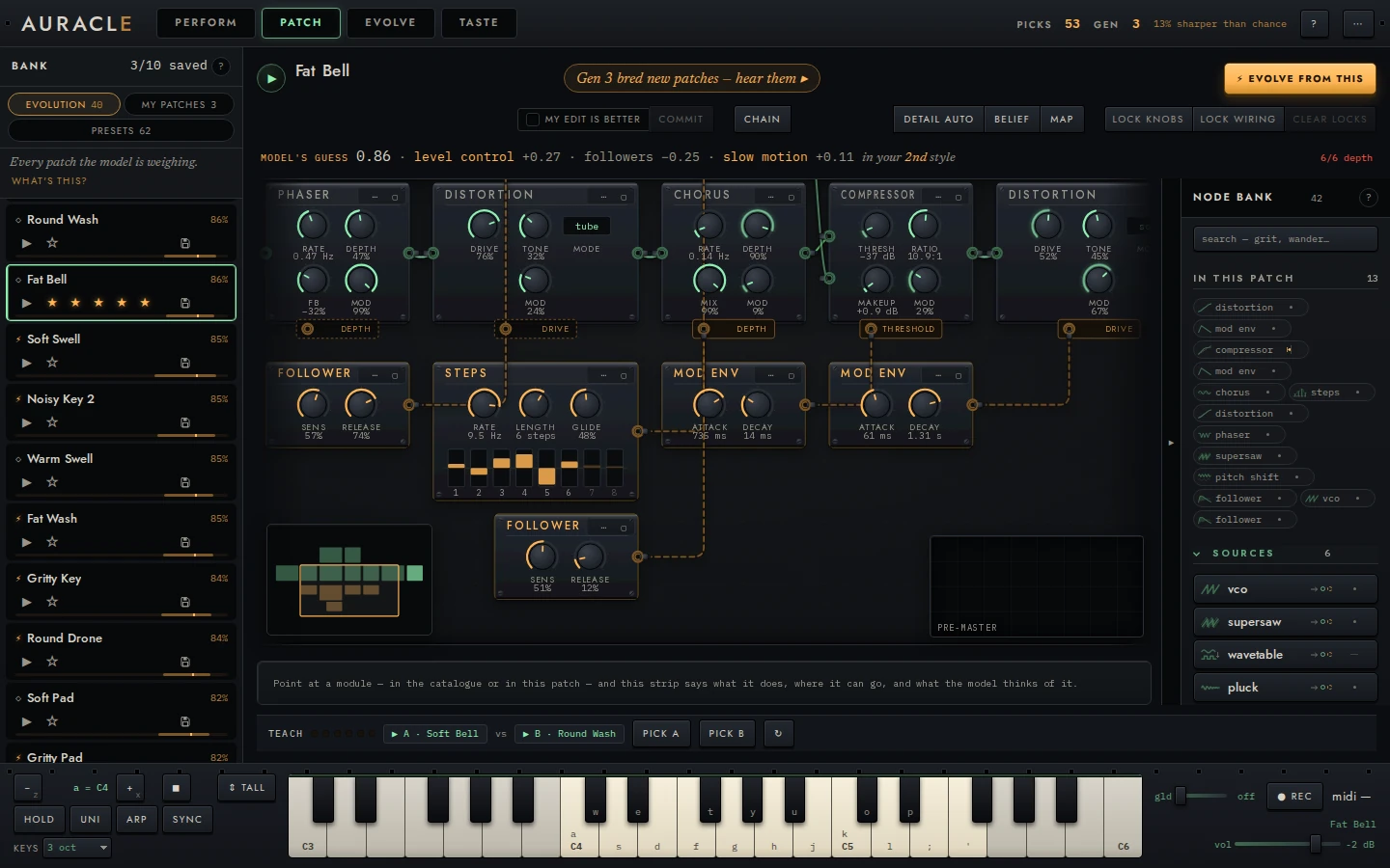 The PATCH view: a patch bank on the left with match percentages; on the rack, Fat Bell's chain of phaser, distortion, chorus, compressor and a second distortion, with envelope followers, a step sequencer and mod envelopes driving it through amber modulation cables; the model's guess and its reasons above; the node bank catalogue on the right; a keyboard docked along the bottom.