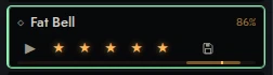 One bank row, outlined in green because it is the row the cursor is on: a diamond glyph, the name Round Wash, the prediction 80% and the id #35 on the right, and below them a play triangle, five filled stars, a save icon, and a horizontal bar drawn at the same 80%.