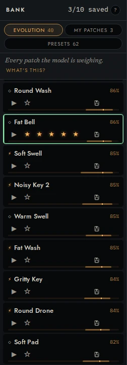 The bank rail: three bank tabs — evolution 40, my patches 1, presets 61 — above a list of rows, each with a name, prediction percentage, play button, five stars and a save icon.
