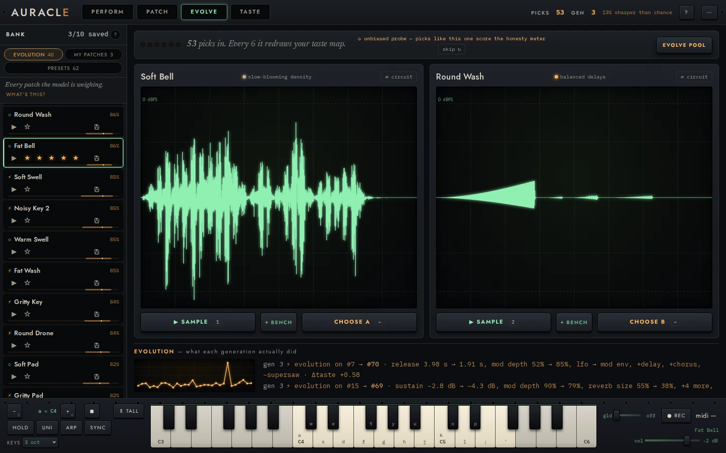 The EVOLVE view: two duel cards side by side, each with a name, a rendered waveform and SAMPLE, BENCH and CHOOSE buttons, under a teaching meter reading 44 picks in.