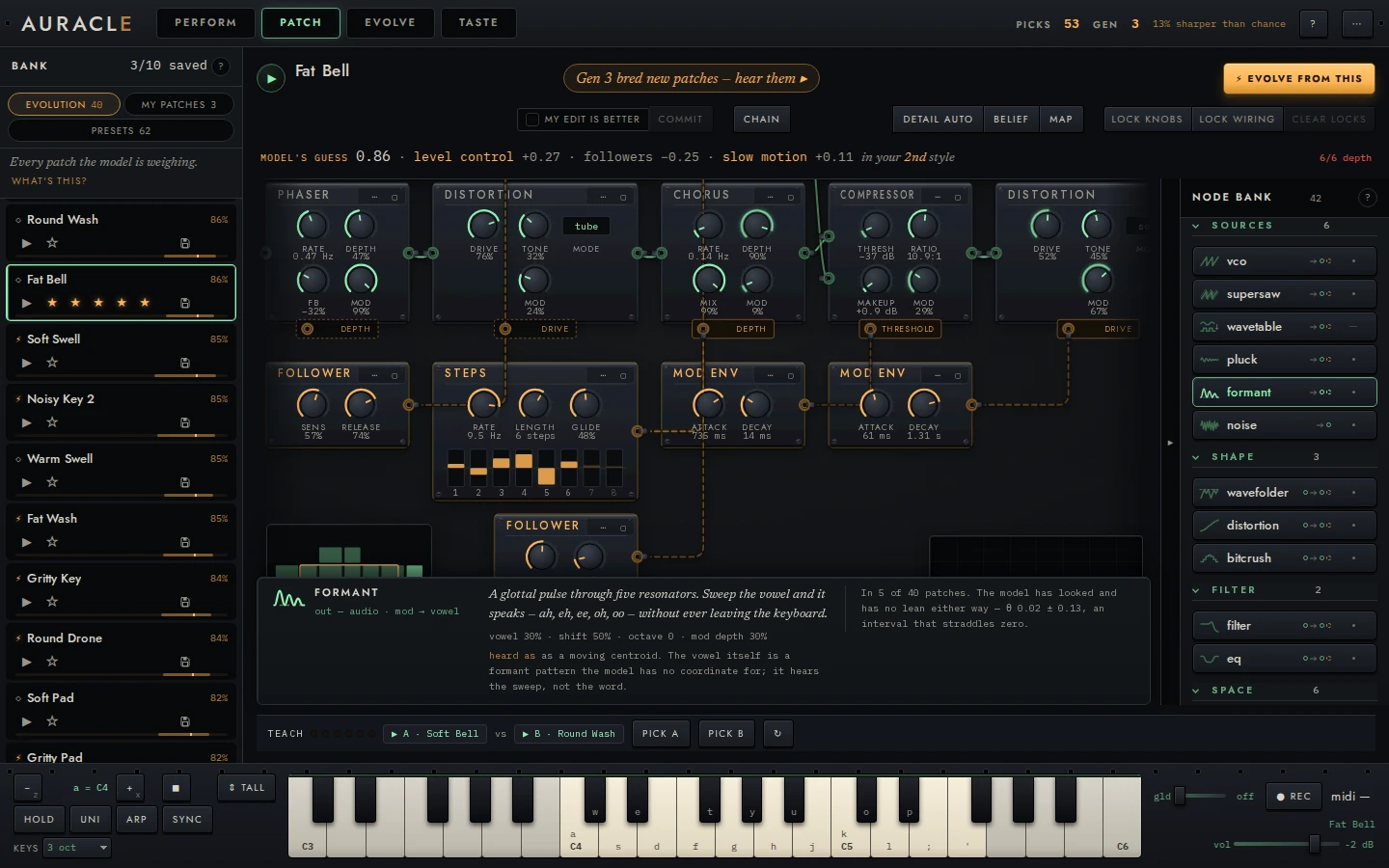 The PATCH view with the node bank open on the right: eight groups of modules down a rail, each entry carrying a transfer-function glyph, a name, a port signature and a θ bar, with the formant oscillator's spec card opened beside it.