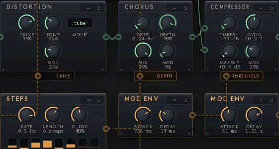 Rack detail: wavefolder, mix, chorus and wavetable modules with labelled knobs reading FOLD 49%, RATE 8.23 Hz, BAL +4.0 dB, MORPH 85%, joined by green audio cables and amber modulation cables ending in named destinations PITCH, THRESHOLD, DEPTH and MORPH.